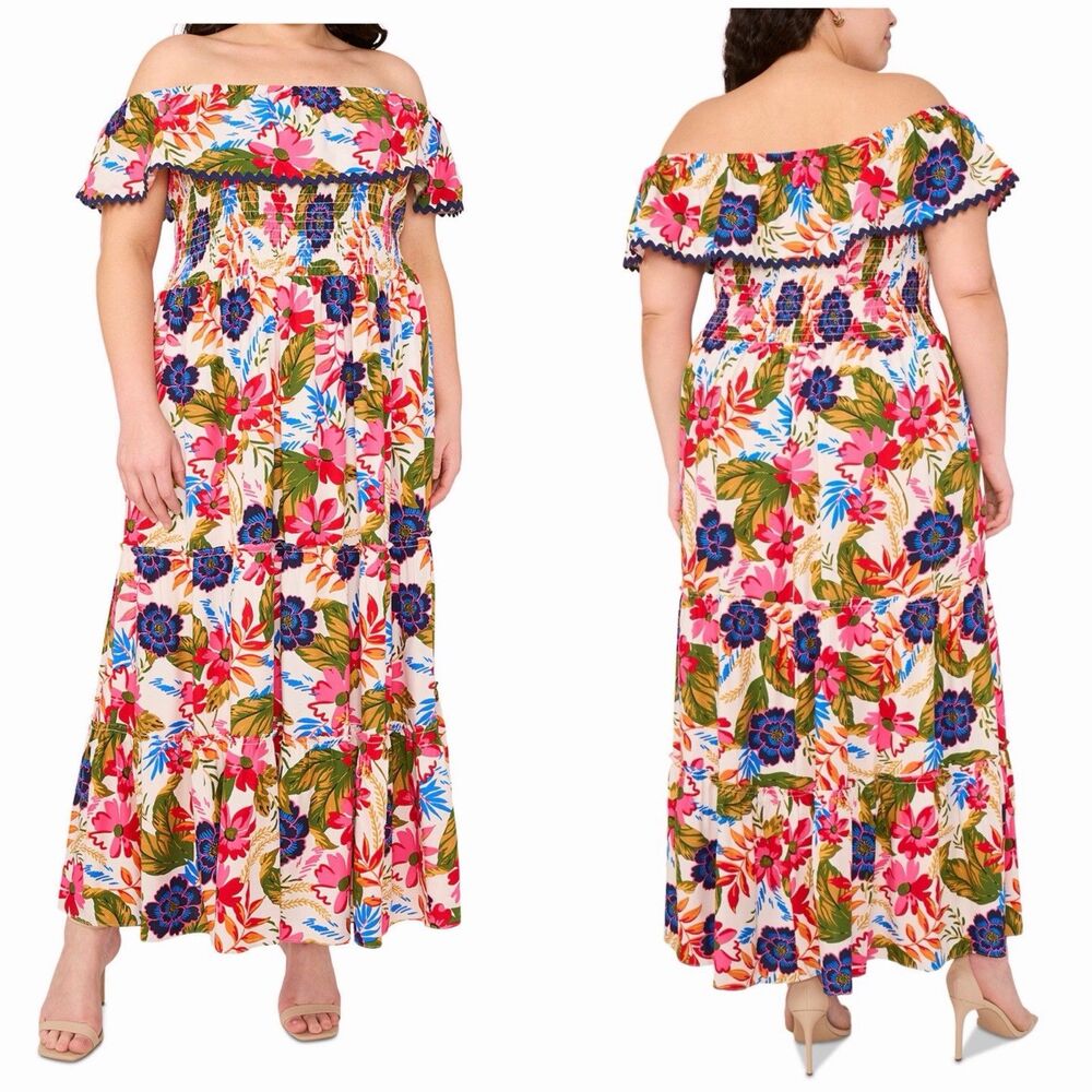 MSK Womens Plus Size Floral Off-the-Shoulder Smocked Maxi Dress New Pink 2X